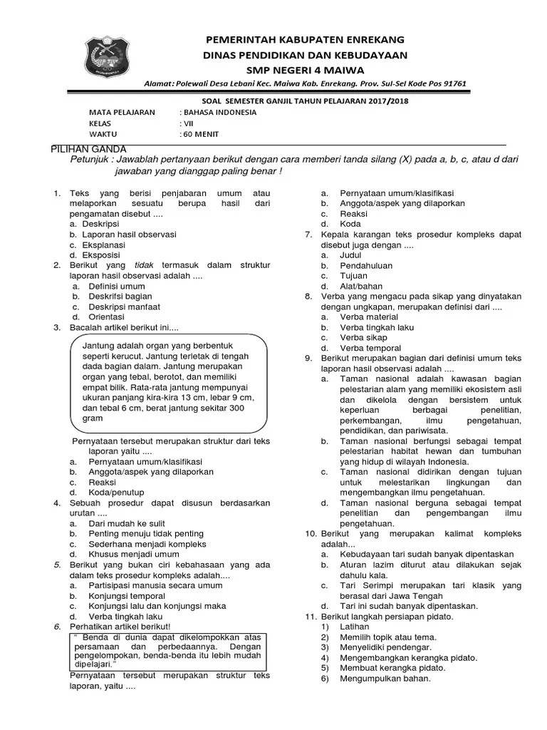 Soal kunci jawaban kelas 8 smp mts semester 2 materi bahasa indonesia pertanyaan . Soal Pilihan Ganda Teks Eksposisi Kelas 7 Smp