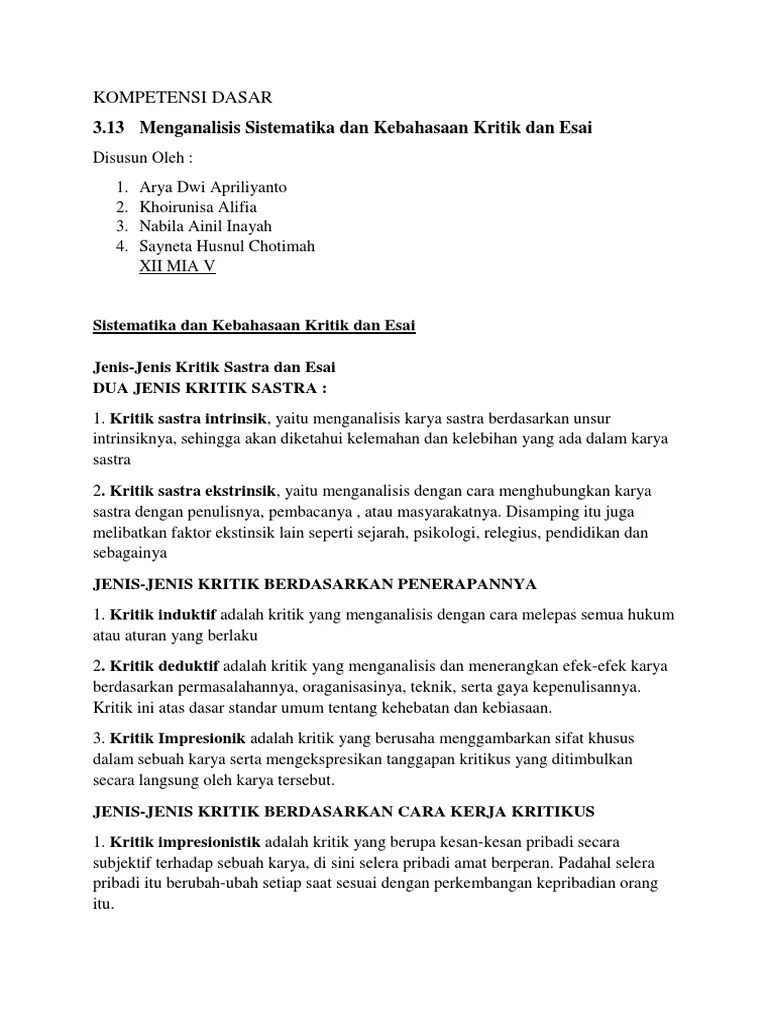 Materi kritik dan esai lengkap mulai dari pengertian, perbedaan kritik & esai, sistematika, kaidah kebahasaan & contoh berdasarkan . Contoh Soal Un Tentang Kritik Dan Esai Beserta Pembahasannya