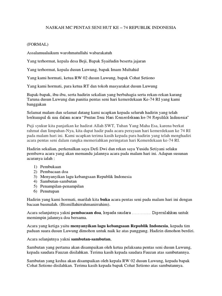 Pembukaan/ mukadikmah adalah merupakan salah satu hal yang sangat penting dalam sebuah pidato atau ceramah. Naskah Mc Pentas Seni Pdf