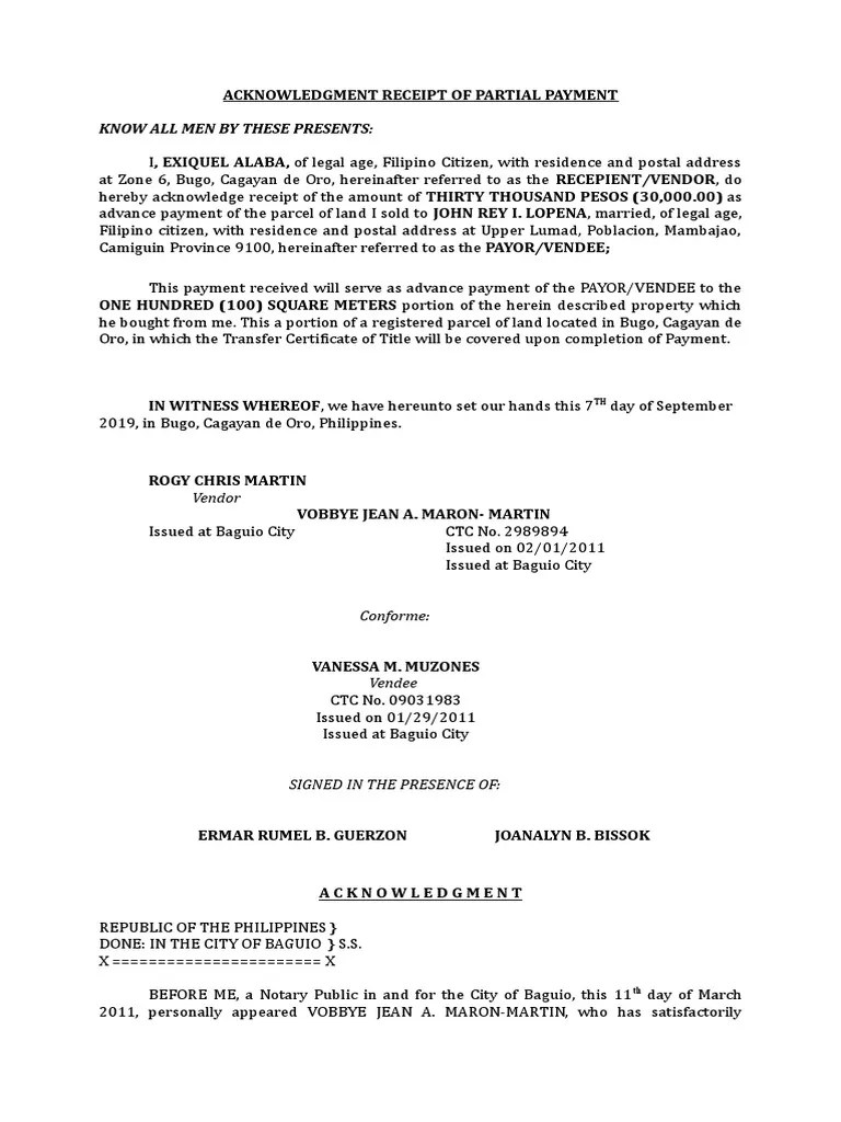 acknowledgment receipt of partial payment official