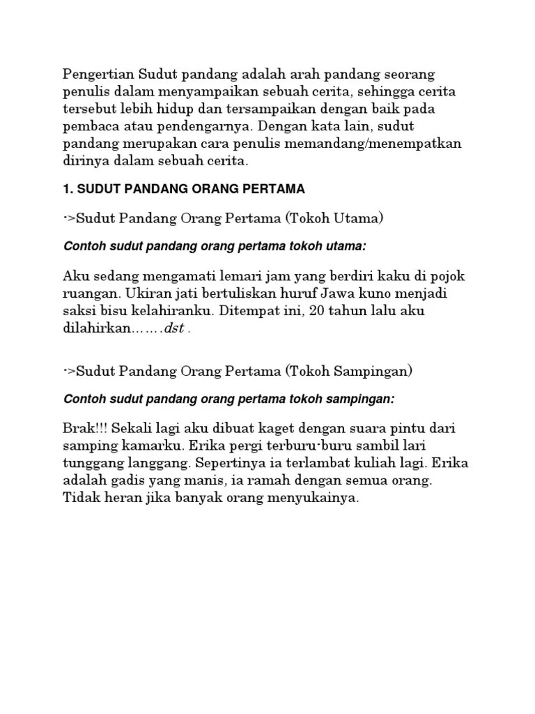 Contoh cerita yang mengunakan sudut pandang orang pertama: Pengertian Sudut Pandang