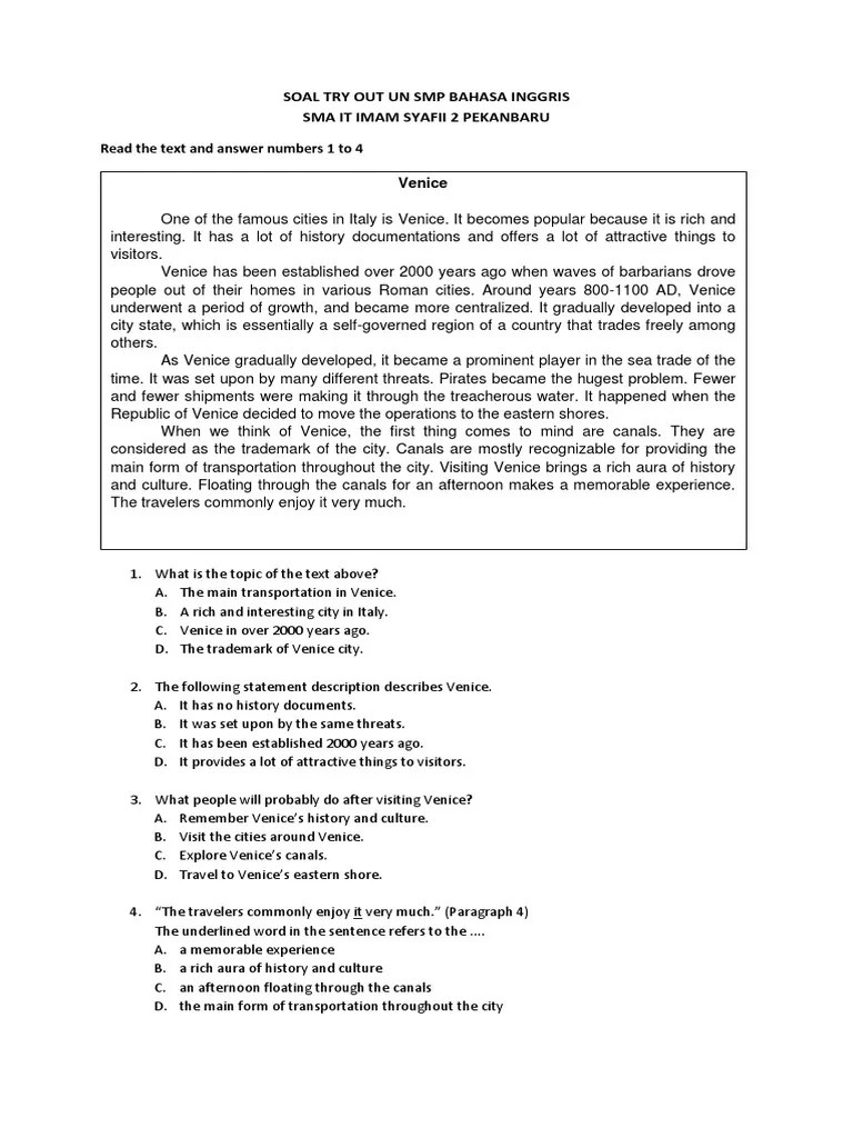 Lulus un 2015 merupakan syarat wajib untuk bisa meneruskan pendidikan di universitas yang . Soal Try Out Un Smp Bahasa Inggris Sma It Venice Paper