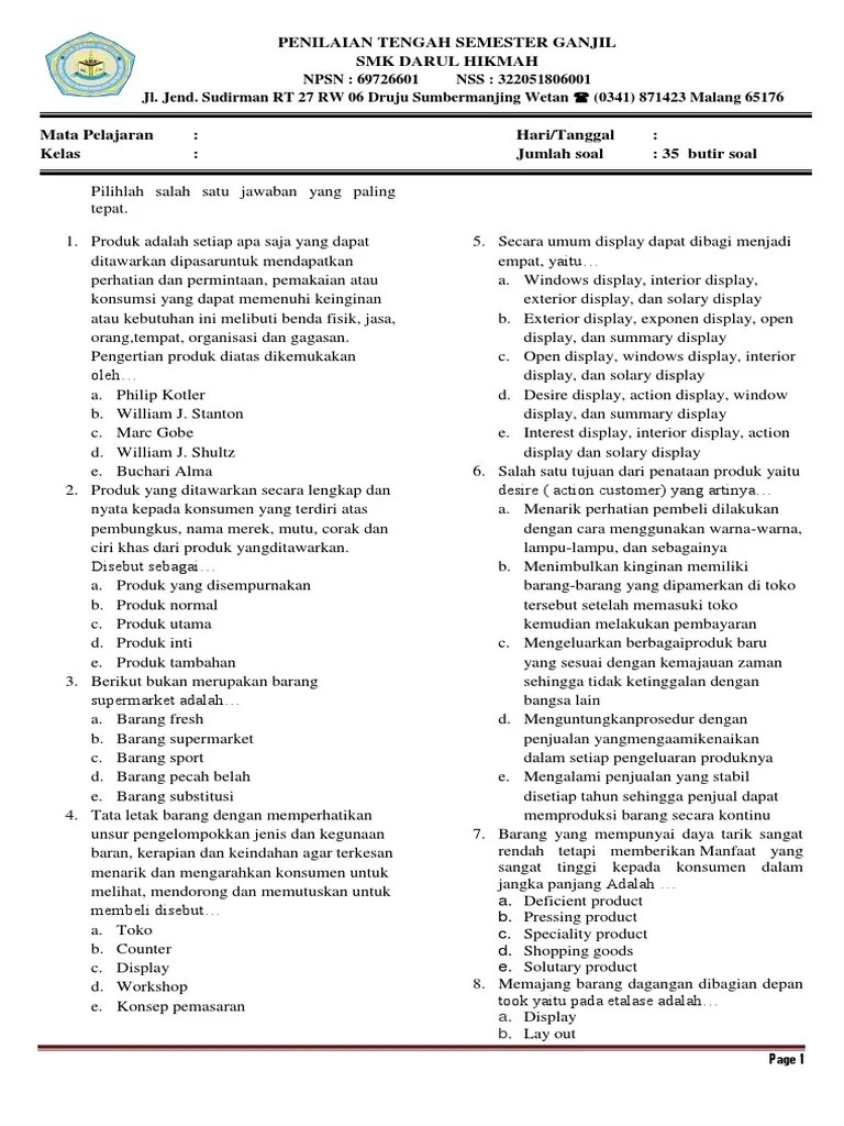 Bisnis dan manajemen kelas / semester . Soal Penataan Produk Pdf
