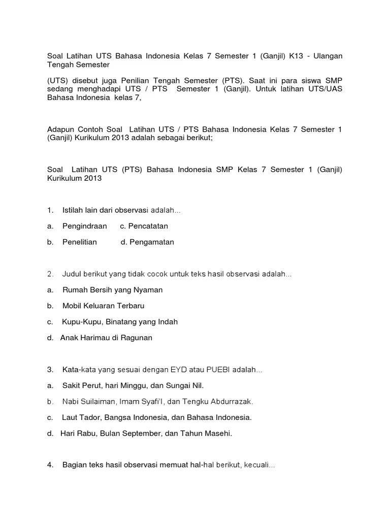 Konsep pemisahan contoh soal pg bahasa indonesia k13 kelas. Soal Latihan Uts Bahasa Indonesia Kelas 7 Semester 1 K13 Pdf