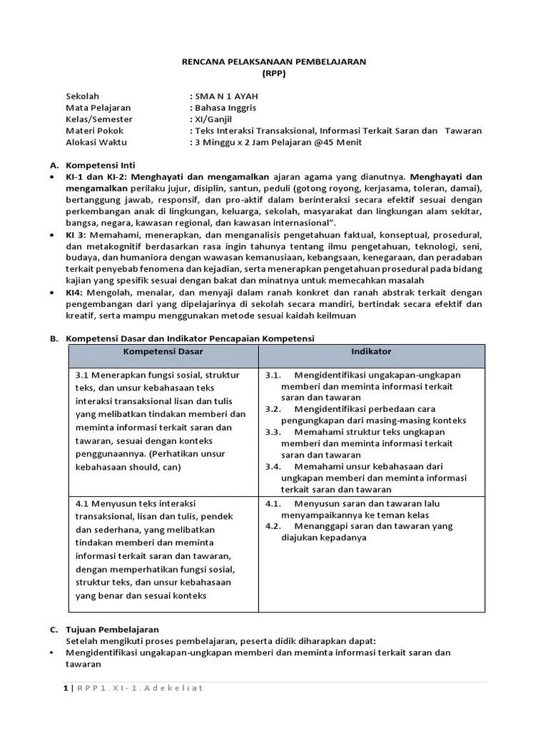 RPP Kd.3.1 Bahasa Inggris Xi Sma PPGJ 4 Adekkeliat | PDF