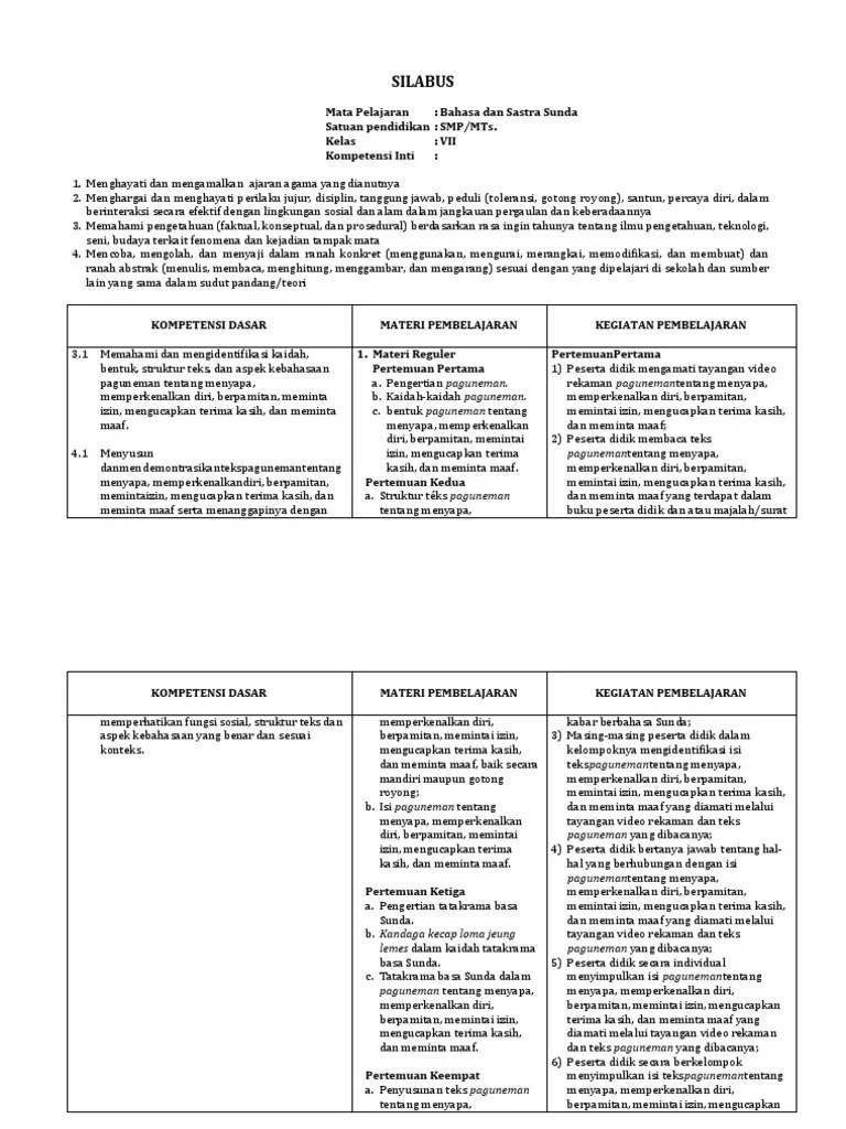 Berikut ini adalah cuplikan rpp bahasa sunda smp/mts kelas 7 semester 1 dan 2, sebagai gambaran perangkat pembelajaran yang akan anda. Silabus Kelas 7 Pdf