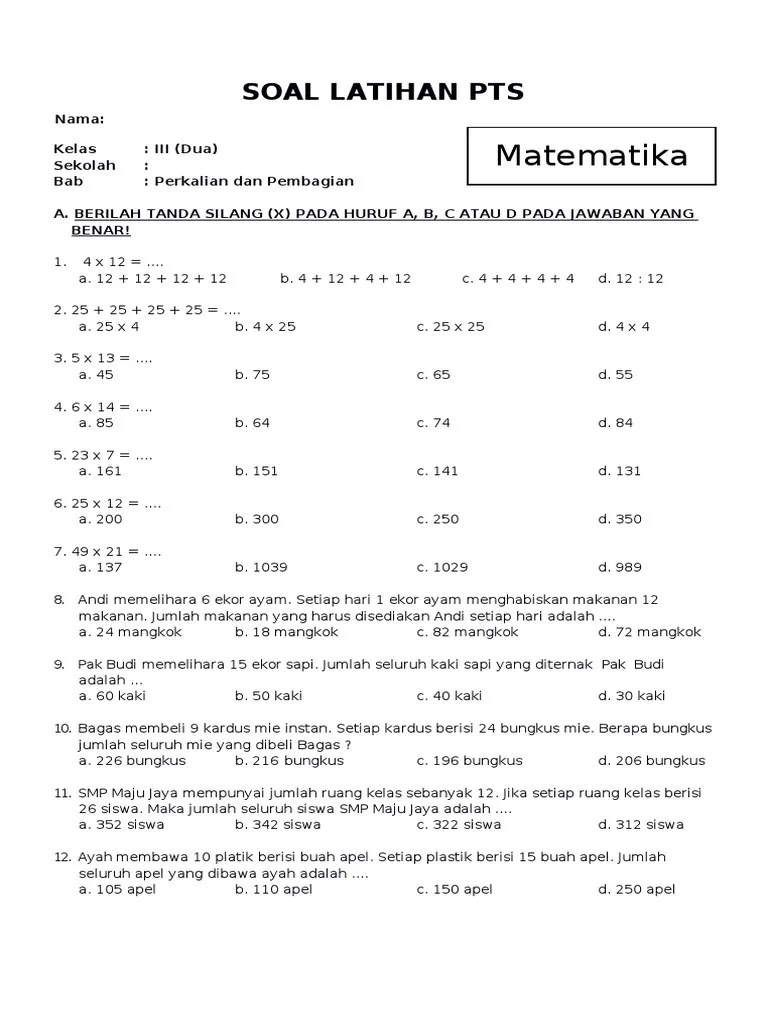 Penelitian ini adalah penelitian tindakan kelas (ptk). Soal Matematika Kelas 3 Sd Perkalian Dan Pembagian Belajar