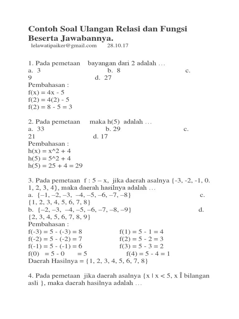 Relasi yang menghubungkan himpunan x ke y adalah. Contoh Soal Ulangan Relasi Dan Fungsi Beserta Jawabannya Pdf