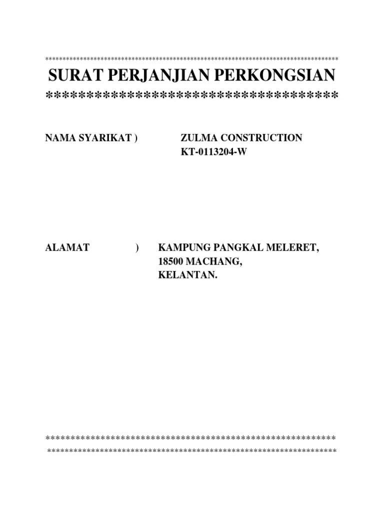 Surat perjanjian bagi ( perkongsian perniagaan ) perjanjian ini diperbuat. Surat Perjanjian Perkongsian Pdf