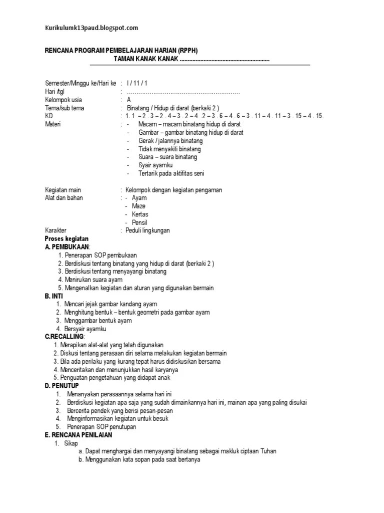 Contoh rpph paud model pembelajaran area dan rpph model sudut kurikulum 2013 . Contoh Rpph Paud Tema Binatang Tk A 1 Pdf