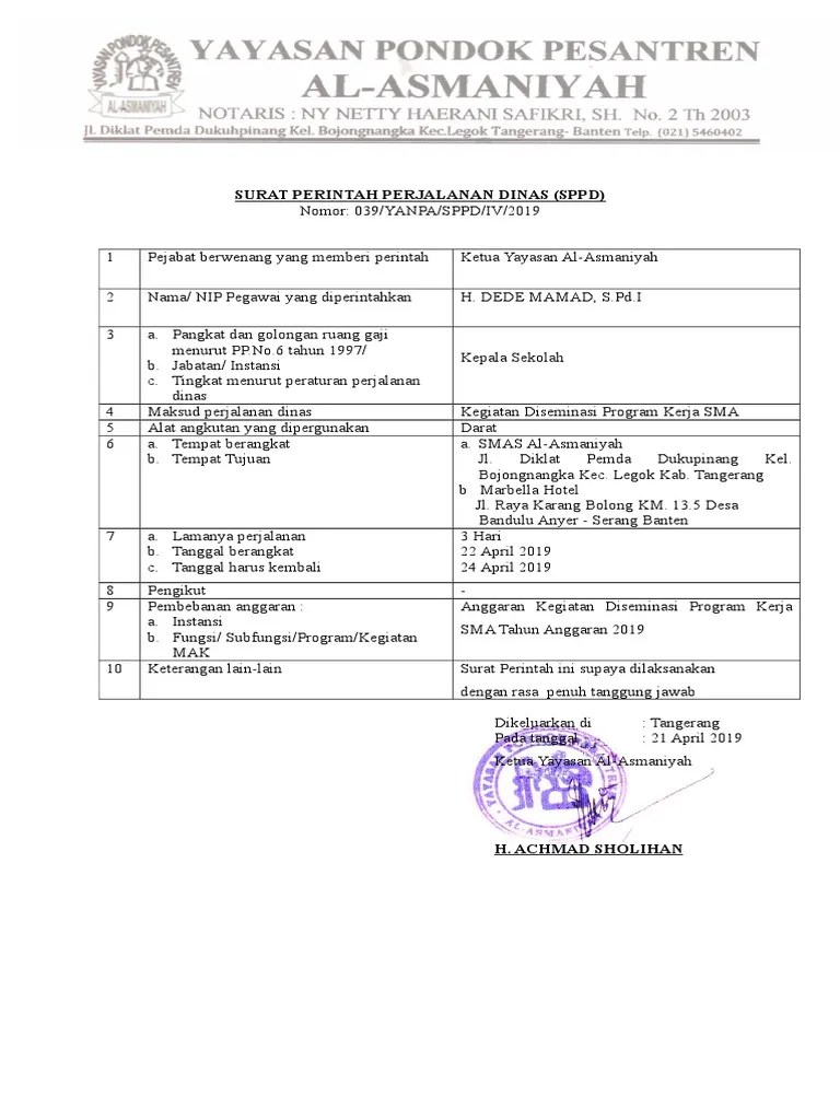 Surat perintah perjalanan dinas (sppd) mengambil dana bos) dapat dijadikan sebagai contoh sppd sekolah 2019, contoh sppd sekolah 2020, . Contoh Sppd Sekolah Swasta Terbaru Doc Asmaniyah Pdf