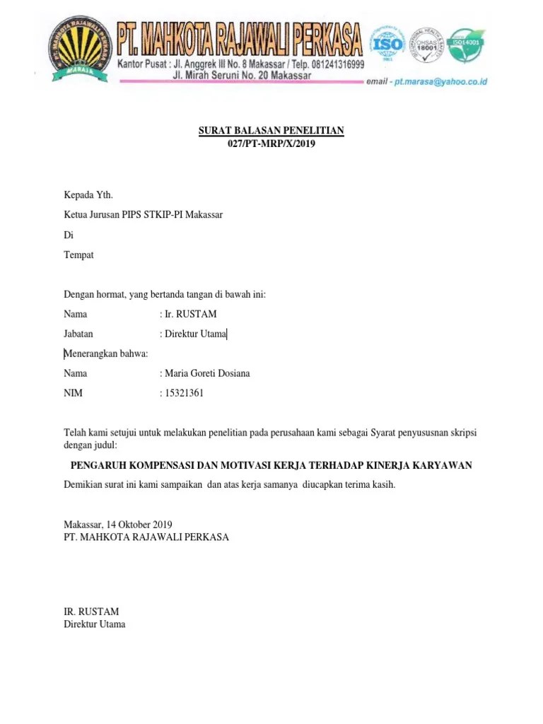 Responden dapat memberikan jawaban dengan memberikan tanda centang (√) pada salah satu pilihan jawaban yang tersedia. Surat Balasan Penelitian