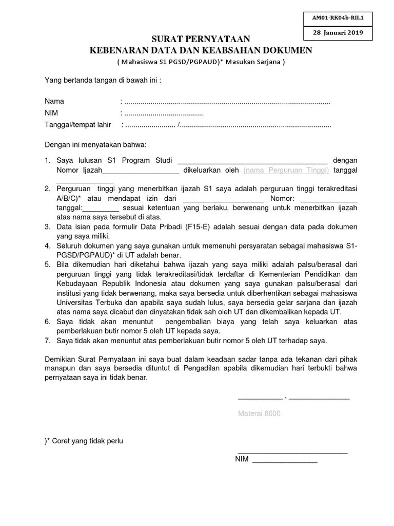 Surat Pernyataan Kebenaran Data Dan Keabsahan Dokumen s1-Pgsd - Paud  Masukan Sarjana | PDF