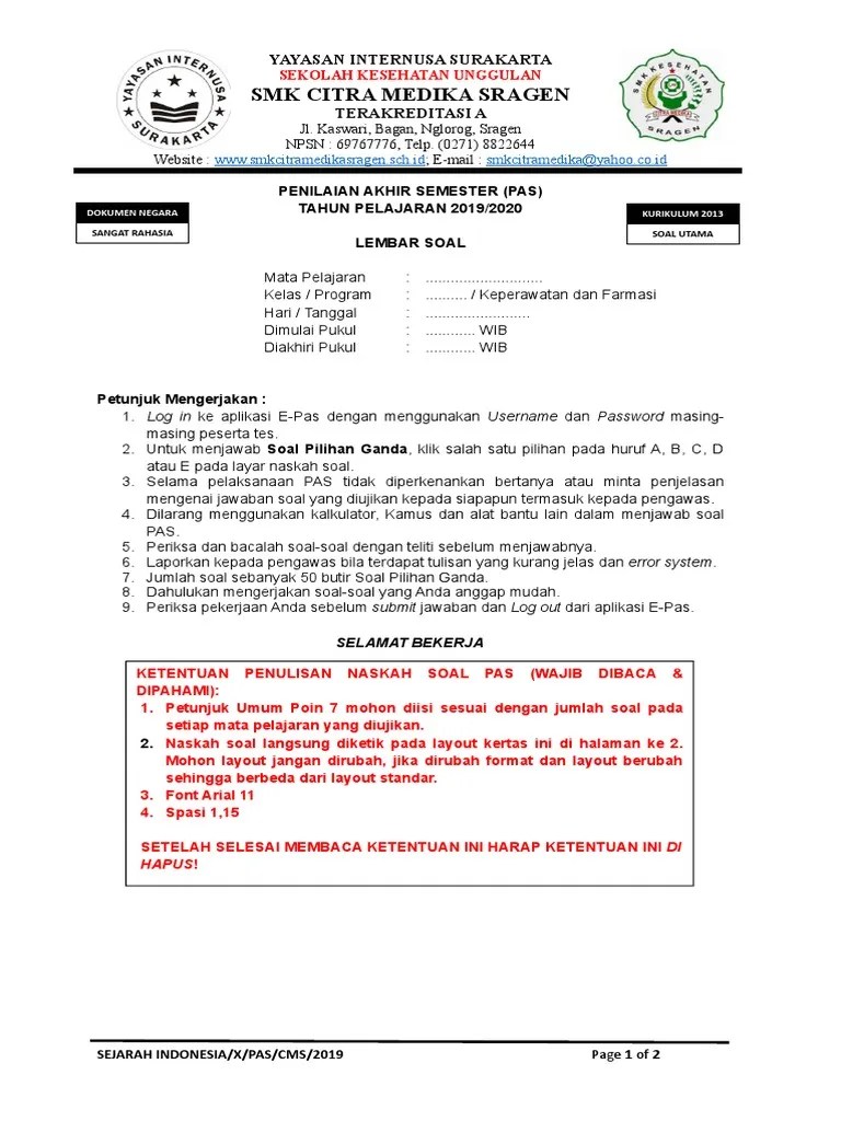 Template Penulisan Naskah Soal Pas 2019-2020 | PDF