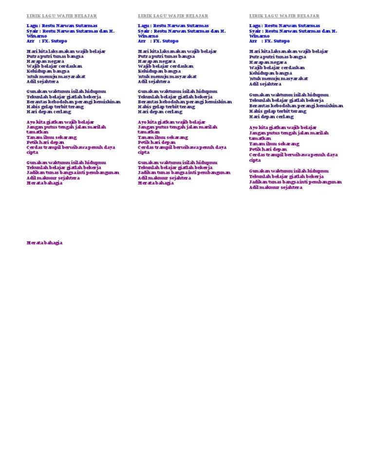 am e c bm d a f em b ➧ chords for wajib luru ilmu with song key, bpm, capo transposer, play along with guitar, piano, ukulele & mandolin. Lirik Lagu Wajib Belajar Pdf