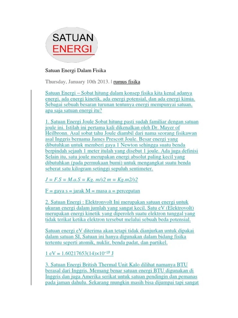 Satuan Energi Dalam Fisika | PDF