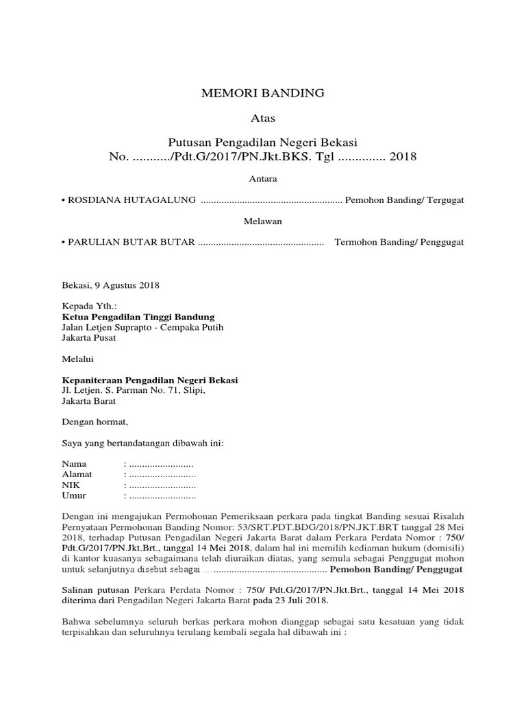 Mediasi adalah proses penyelesaian sengketa melalui proses perundingan atau mufakat para pihak dengan dibantu oleh mediator yang tidak . Memori Banding Contoh Pdf