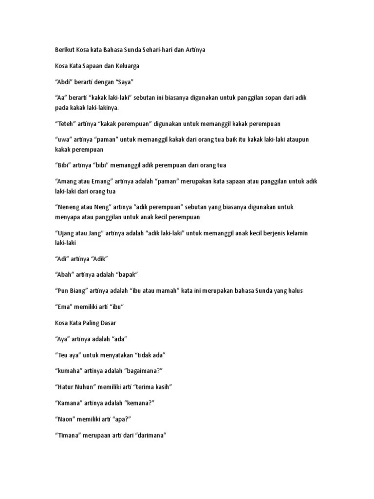 Berikut Kosa Kata Bahasa Sunda Sehari-Hari Dan Artinya | PDF