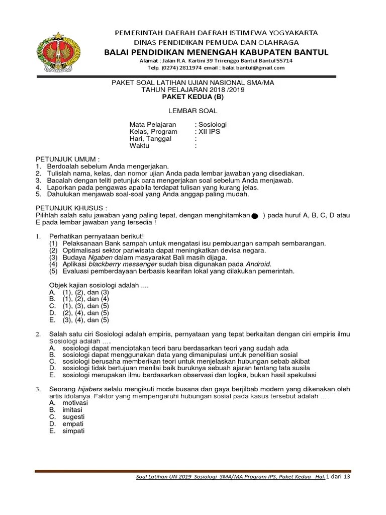 Soal Dan Kunci Latihan Ujian Nasional Sosiologi Paket 2 B | PDF