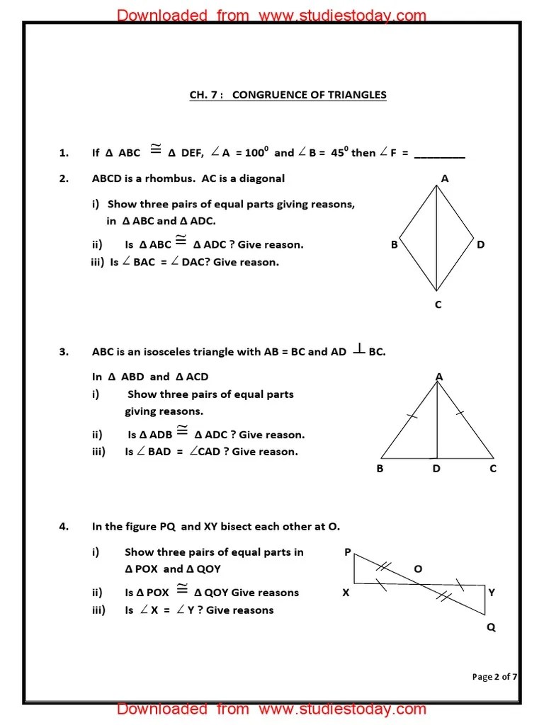 class 7 maths worksheet congruence of triangles pdf geometric shapes space