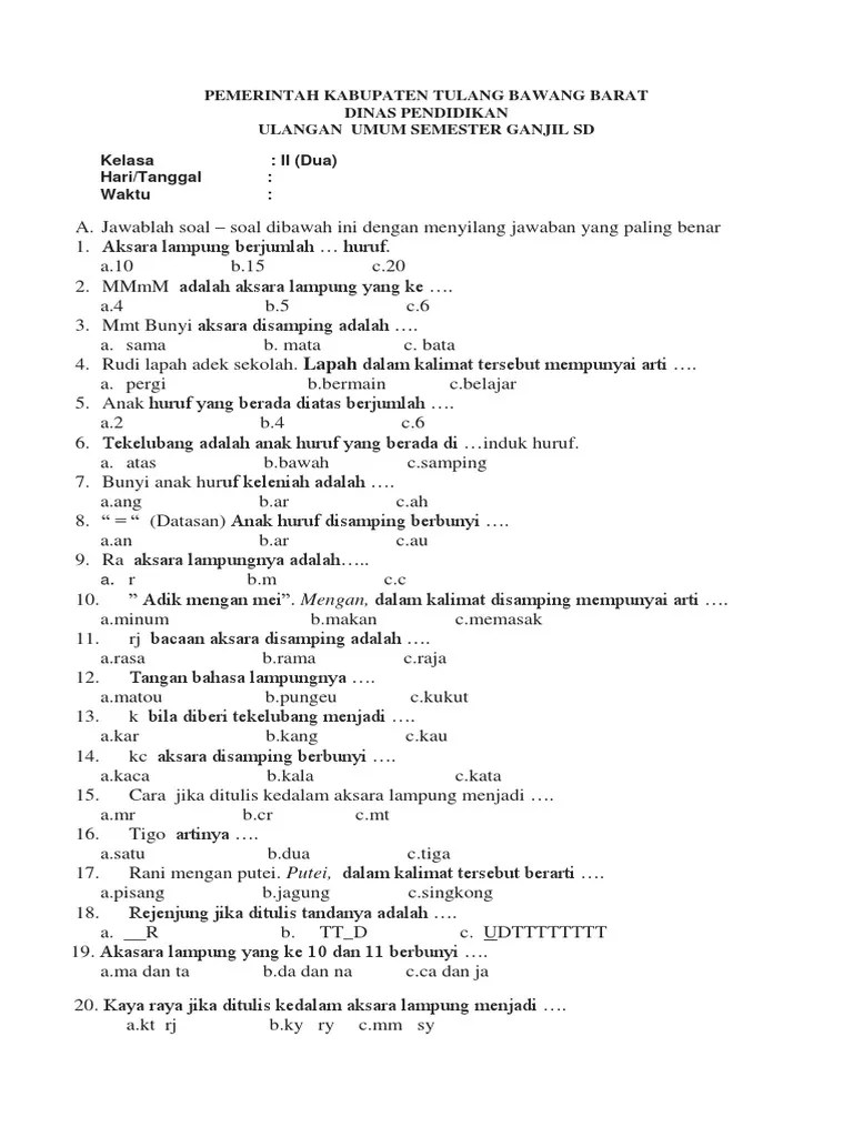 Soal bahasa indonesia kelas 7 semester 2 ini belum dilengkapi . Bahasa Lampung Kls 2 Pdf