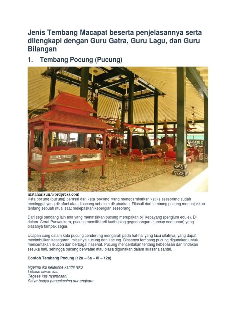 Jenis Tembang Macapat Beserta Penjelasannya Serta Dilengkapi Dengan Guru  Gatra | PDF