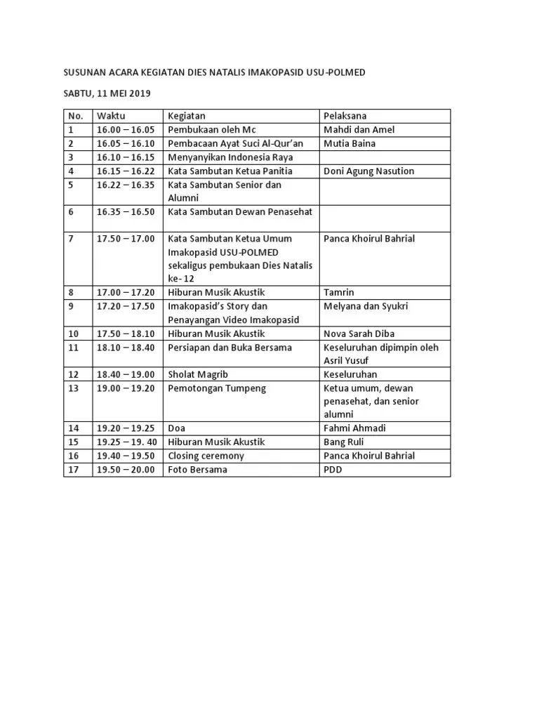 Susunan Acara Kegiatan Dies Natalis Imakopasid Usu | PDF