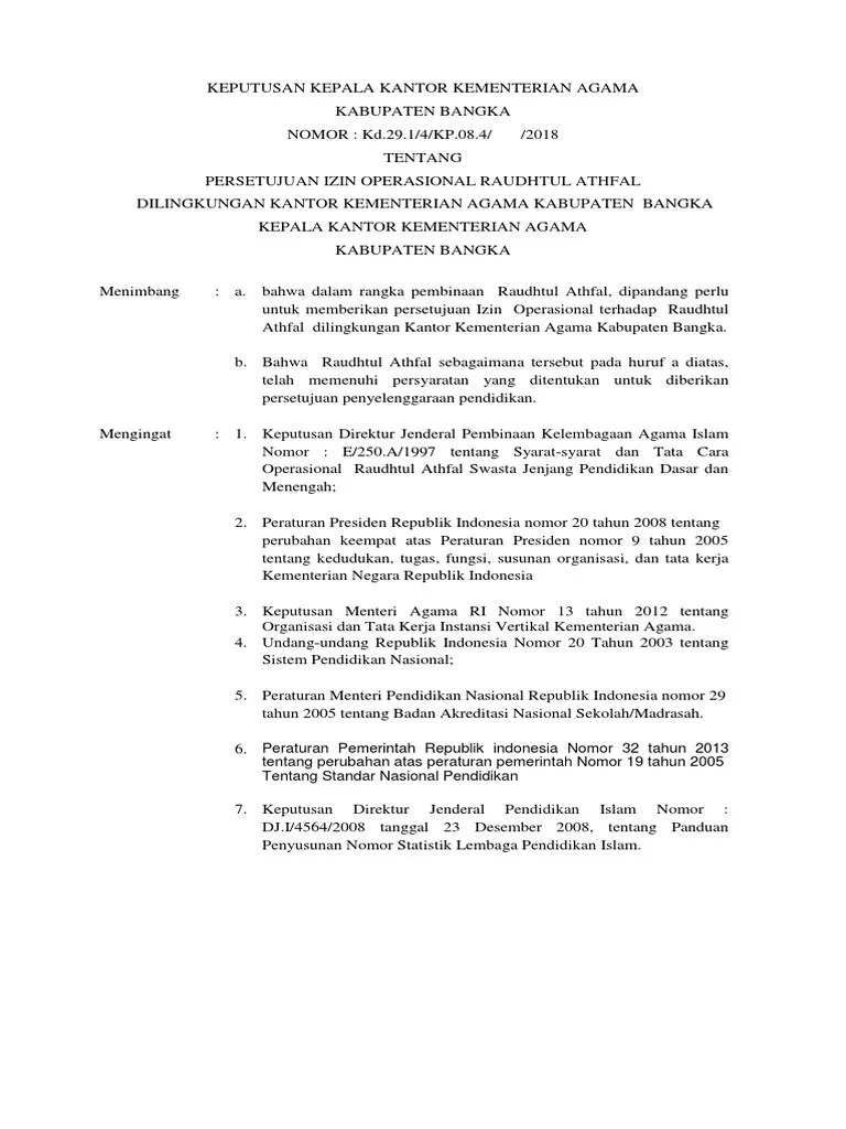 Persyaratan ijin operasional madrasah diniyah takmiliyah tingkat awaliyah. Contoh Sk Izin Operasional Ra Pdf