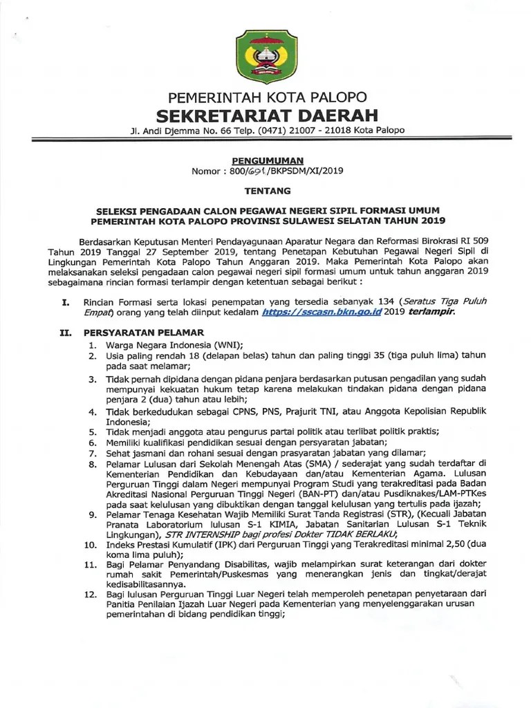Pt pos yang menerima berkas lamaran dari calon pelamar akan mengirim berkas tersebut ke bkpsdm badung di puspem. Pengumuman Pormasi Palopo Pdf