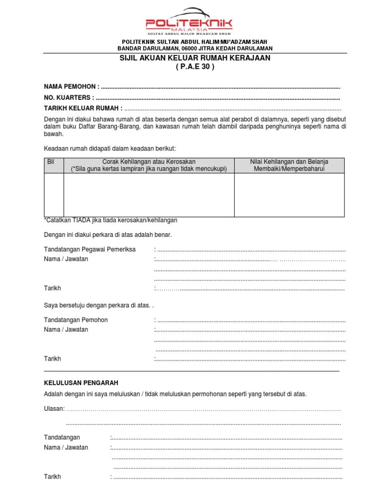 Borang permohonan bantuan baik pulih rumah daif di bandar ppkb. Borang Akuan Keluar Rumah Kerajaan 1 Pdf