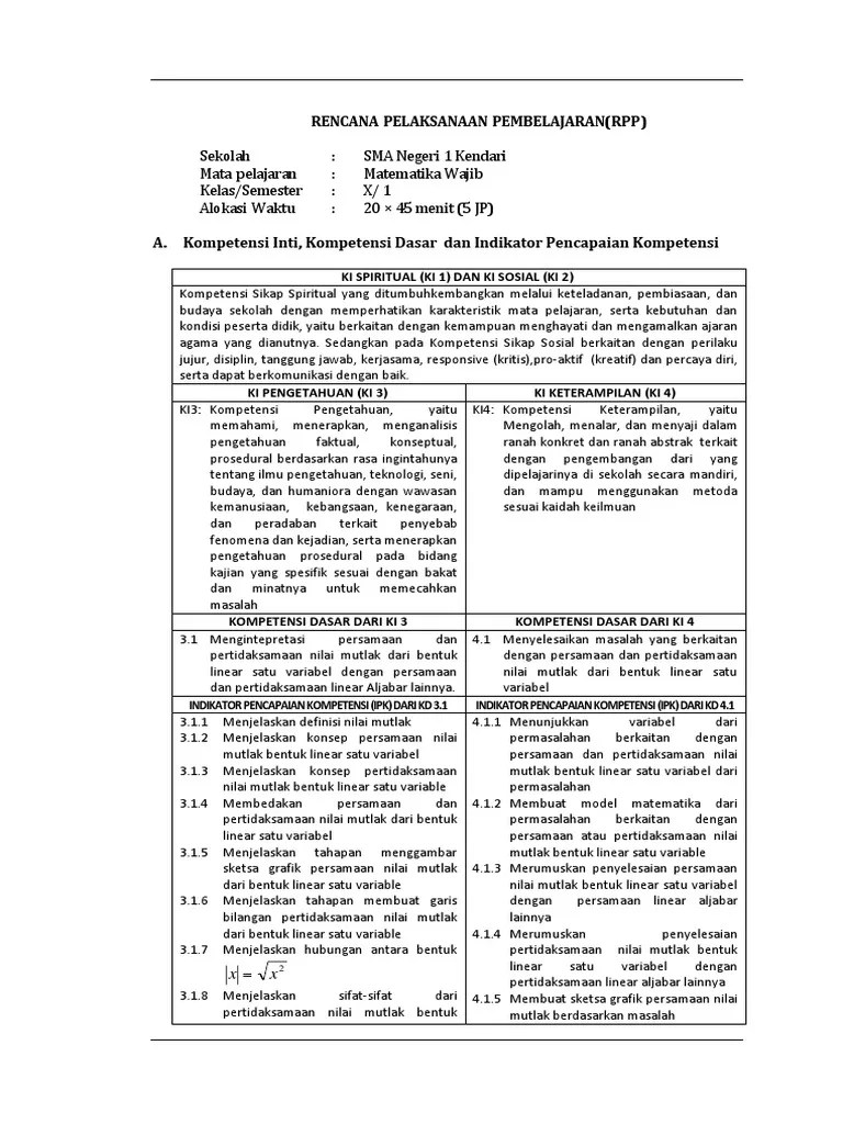 Kelas x tahun ajaran 2016/2017. Rpp Matematika Wajib Nilai Mutlak Pdf