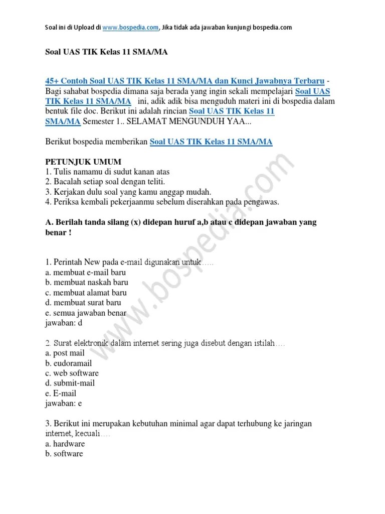 45+ Contoh Soal UAS TIK Kelas 11 SMA MA Dan Kunci Jawabnya | PDF