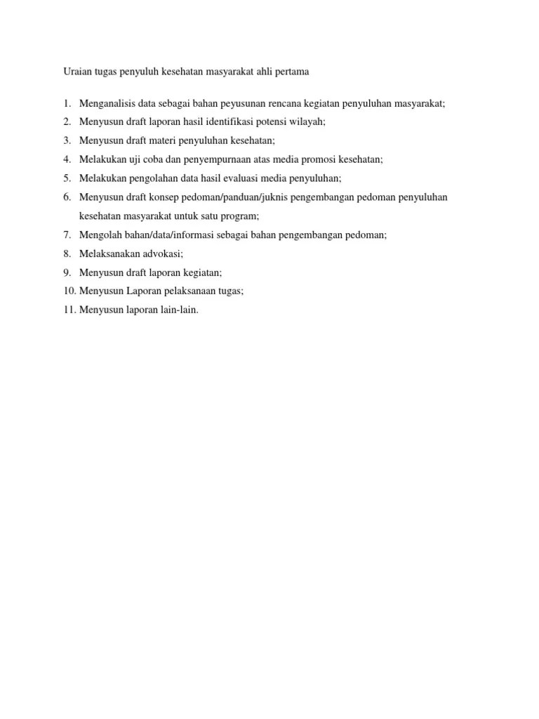 Uraian Tugas Penyuluh Kesehatan Masyarakat Ahli Pertama | PDF