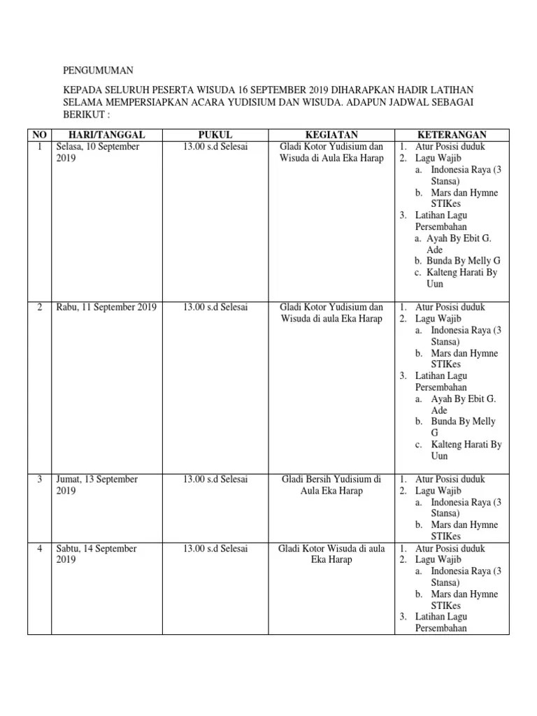 Gaudeamus ini pada zaman dahulu di jerman merupakan lagu perjuangan kebebasan akademi, gaudeamus igitur merupakan hymne mahasiswa . Pengumuman Latihan Wisuda Pdf