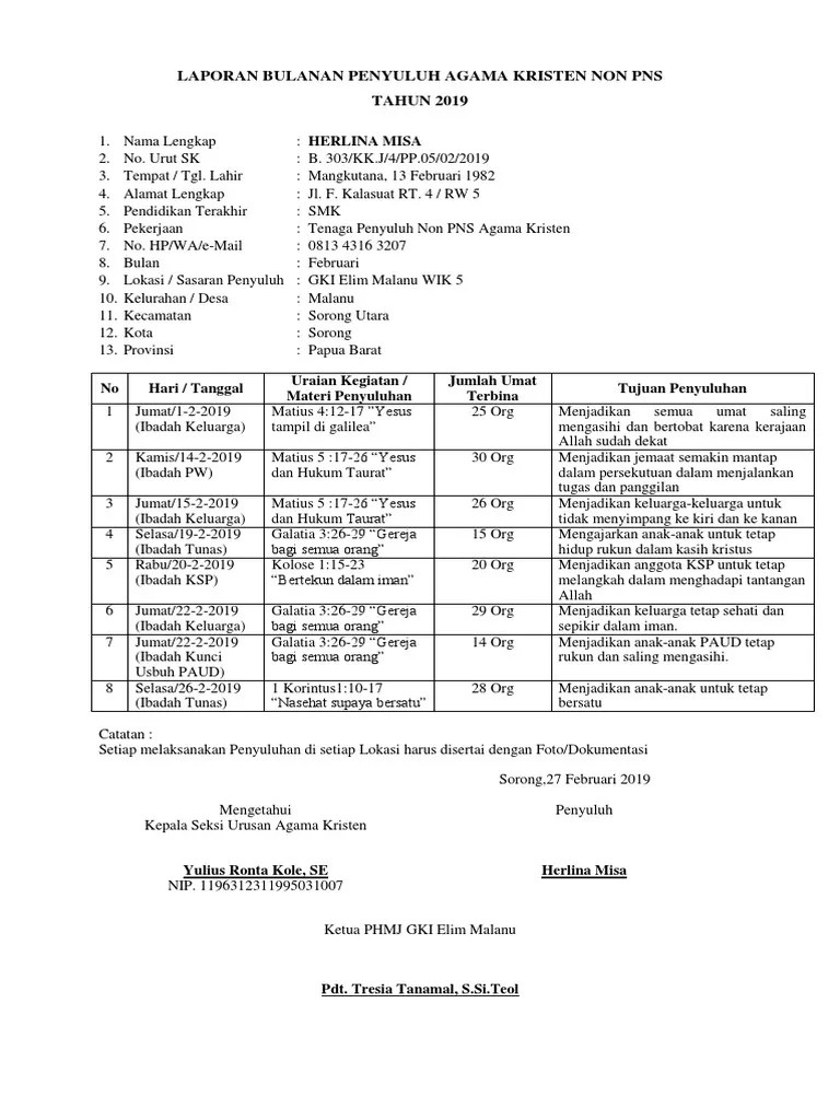 Laporan Bulanan Contoh Laporan Penyuluh Agama Kristen Non Pns 2020 - Audit  Kinerja