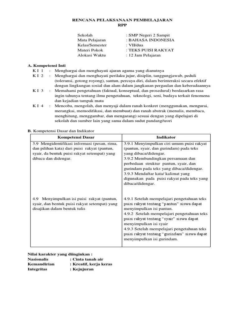 BAB V (1) RPP PUISI RAKYAT KD 3.9 Dan 4.9 | PDF