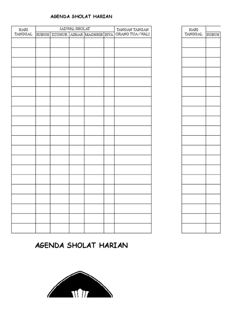 Tanggal, imsyak, shubuh, terbit, dhuha, dzuhur, ashr, maghrib, isya. Agenda Sholat Harian Pdf