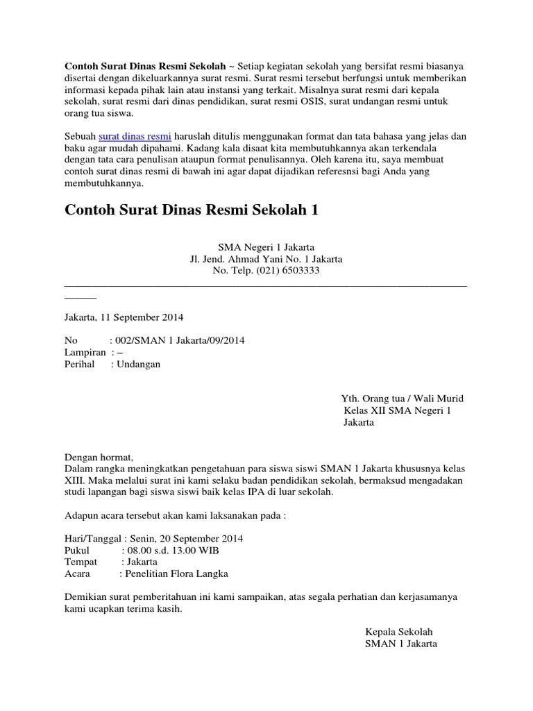 Surat dinas isinya ditujukan untuk keperluan kedinasan, baik itu pemerintah atau swasta. Contoh Surat Dinas Resmi Sekolah Pdf