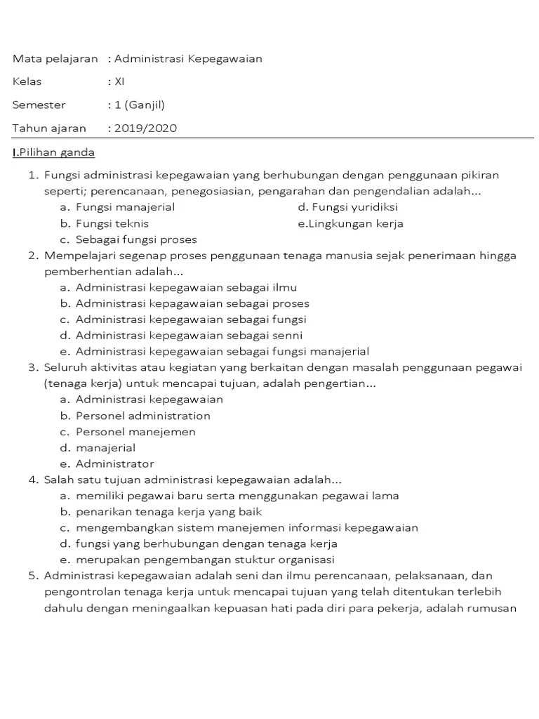 Soal Administrasi Kepegawaian Kelas XI Semester 1 | PDF