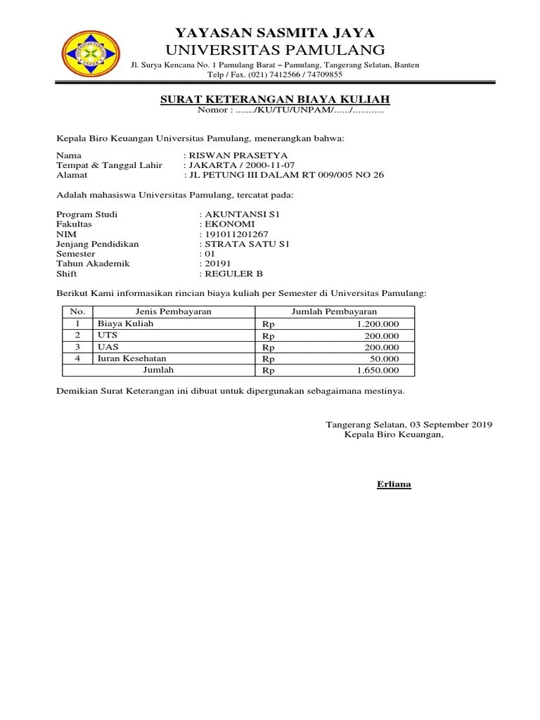 Biaya kuliah per semester · 1. Surat Keterangan Biaya Kuliah Pdf