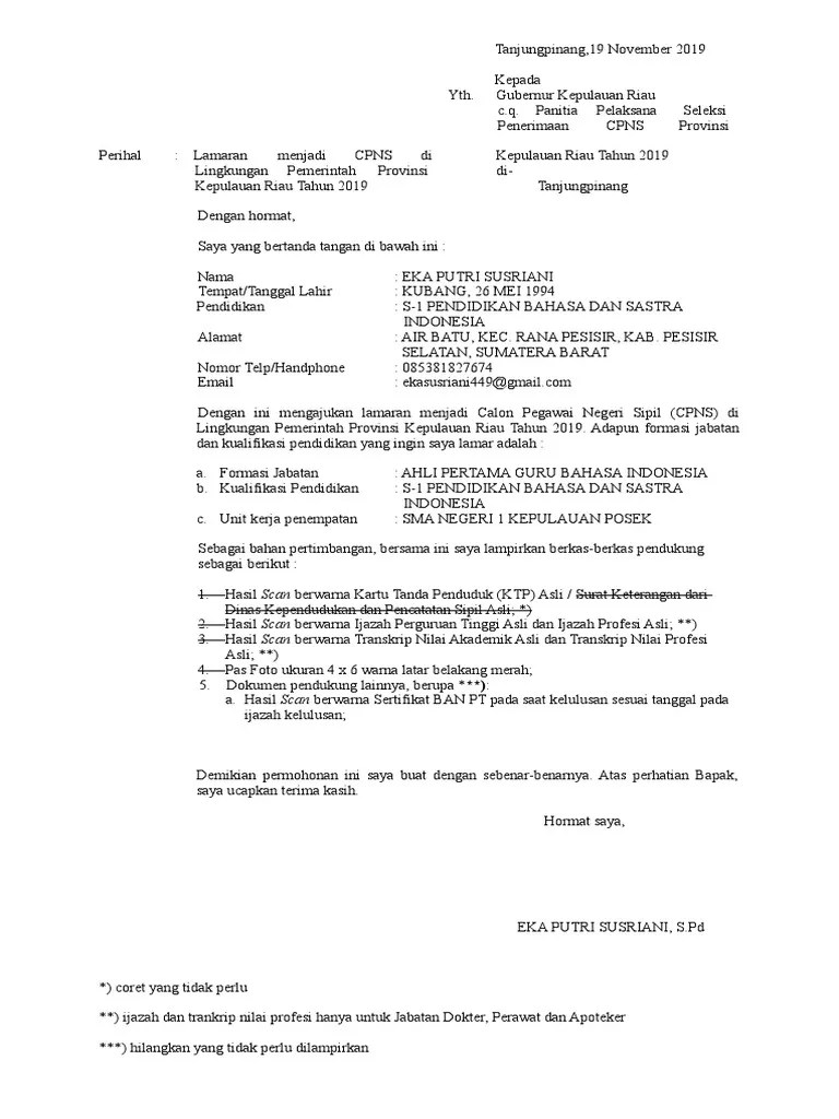 Scan surat lamaran yang dibuat dengan tulisan tangan sendiri, tinta hitam, . Contoh Surat Lamaran Cpns Kepri 2019 Pdf