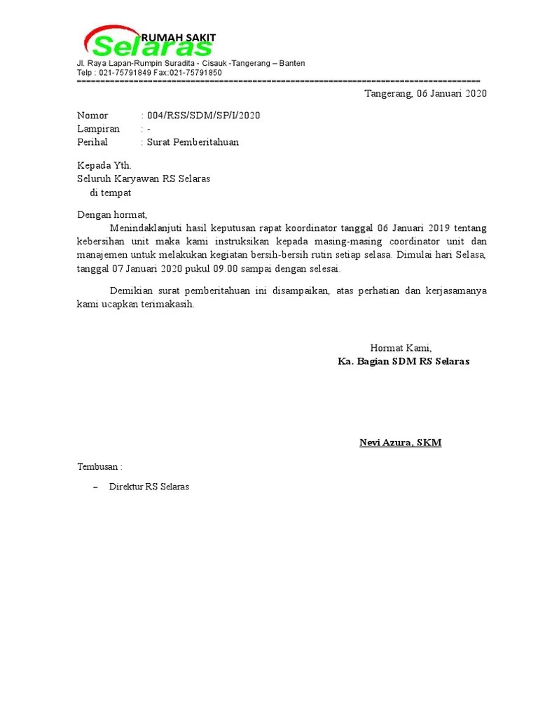 Surat Pemberitahuan Kegiatan Bersih-Bersih Diunit | PDF