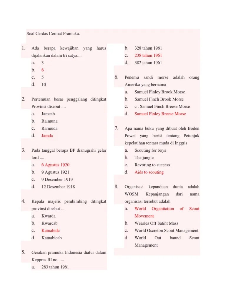 Contoh Soal Cerdas Cermat Pramuka Beserta Jawabannya | PDF