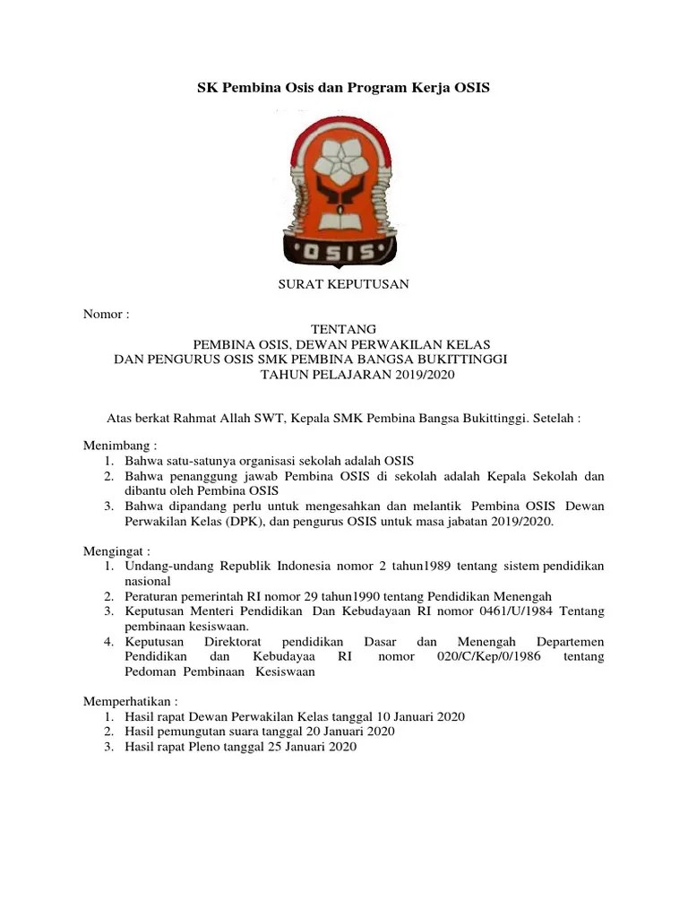 Memberikan sk kepsek untuk pembina osis, pembina ekskul, . Sk Pembina Osis Dan Program Kerja Osis Pdf