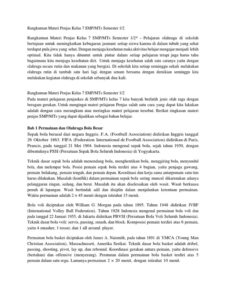 Rangkuman Materi Penjas Kelas 7 SMP MTs Semester 1 2 | PDF