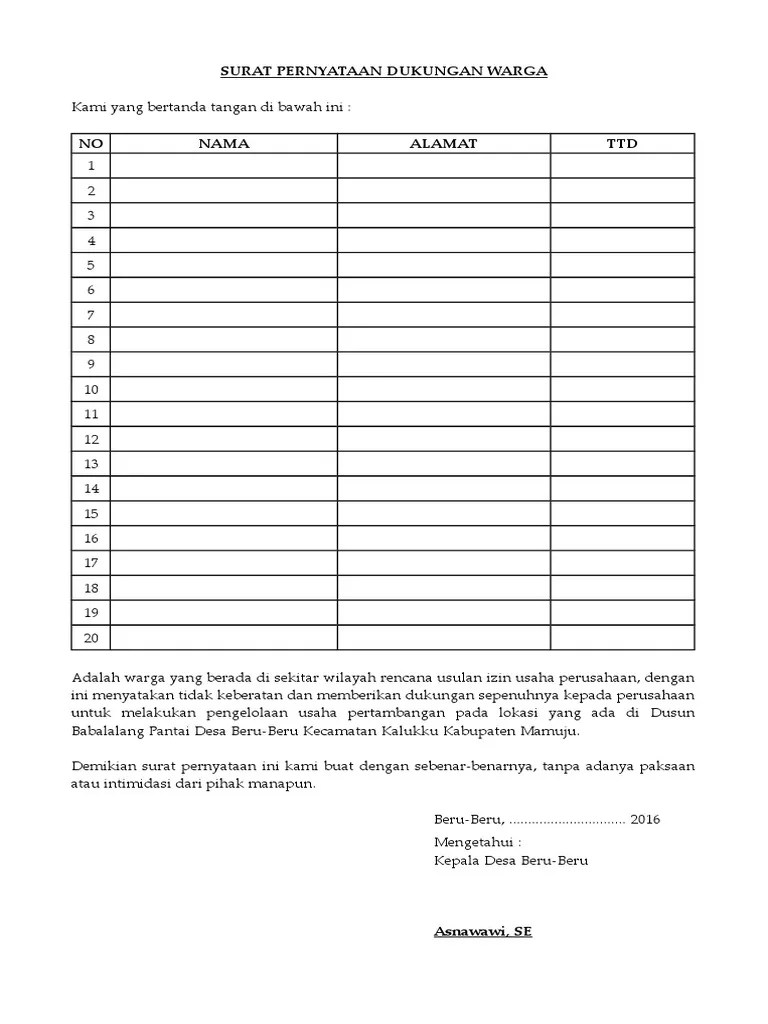 Bismillaahirrahmaanirrahiim, kami yang bertanda tangan di bawah . Surat Pernyataan Dukungan Warga Pdf