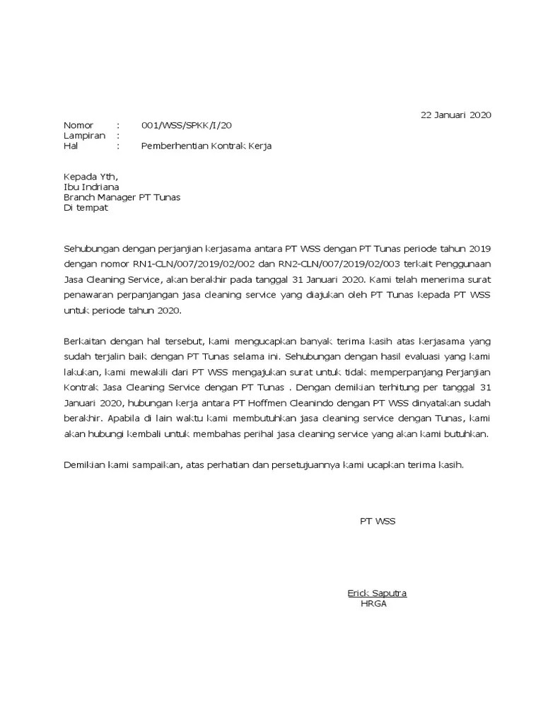 12 desain terkait dengan contoh surat pemberitahuan tidak diperpanjang kontrak kerja karyawan. Surat Putus Kontrak Vendor Cleaning Service Pdf