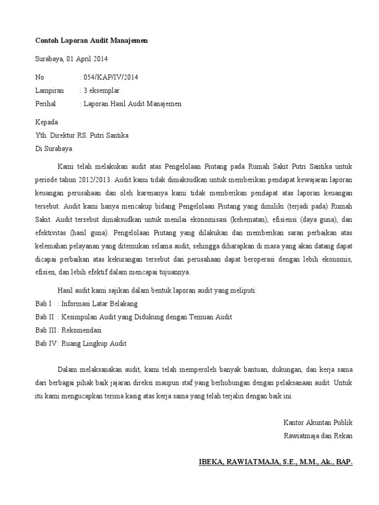 Berdasarkan keputusan menteri keuangan nomor 655/km.1/2021 tanggal 21 juni. Contoh Laporan Audit Manajemen