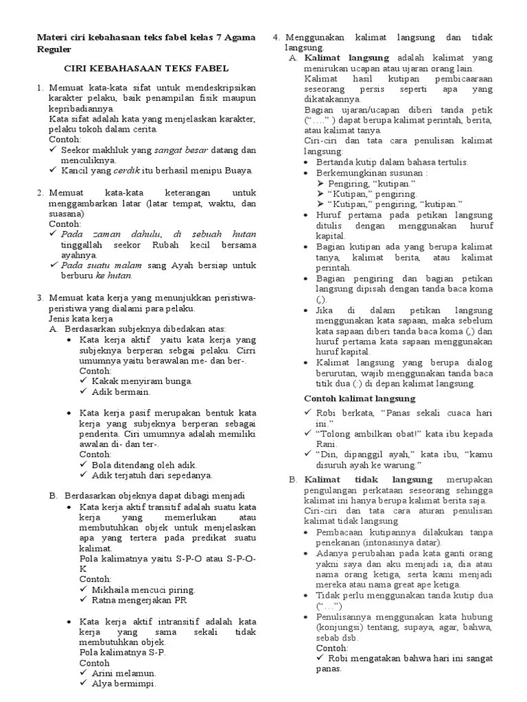 Materi Ciri Kebahasaan Teks Fabel 7 Agreg | PDF