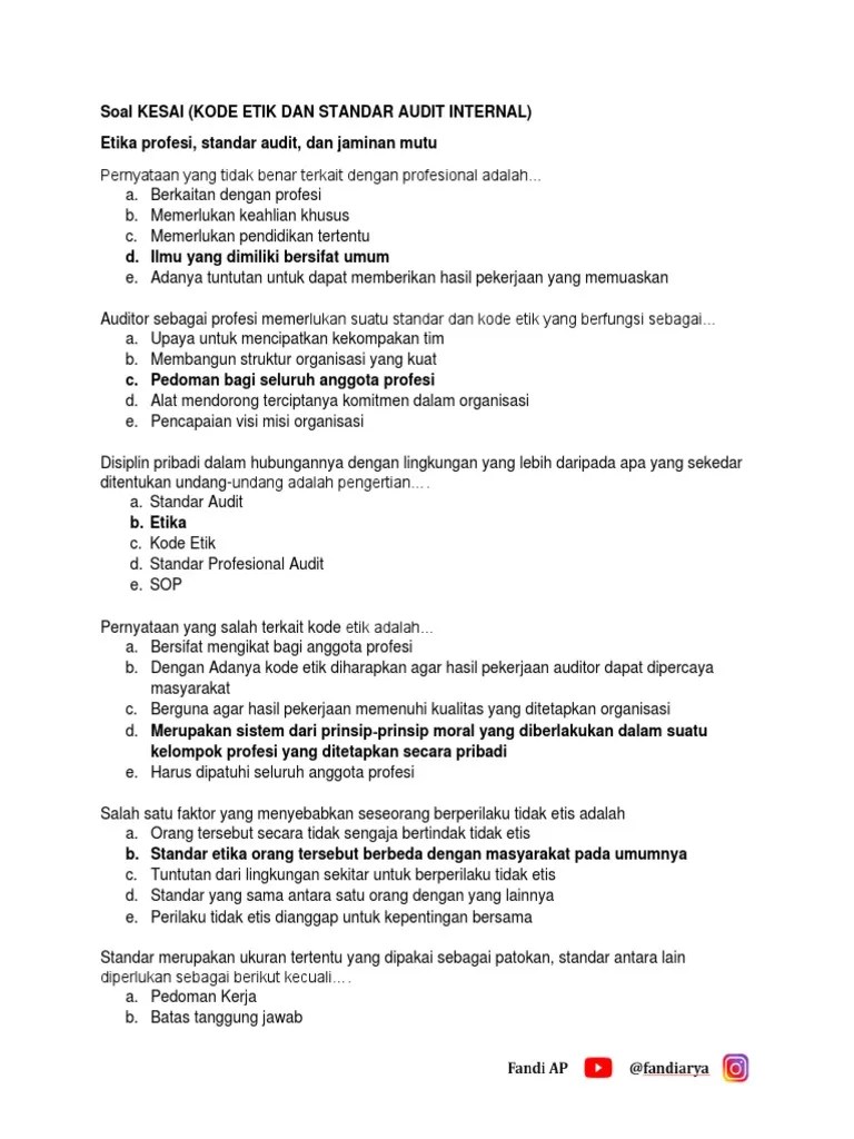Soal etika profesi x jawaban latihan soal bab v etika bisnis dan profesi latihan soal uas pengantar manajemen pilihan ganda 50 soal jawaban uts . Contoh Soal Kode Etik Dan Standar Audit Internal Pdf